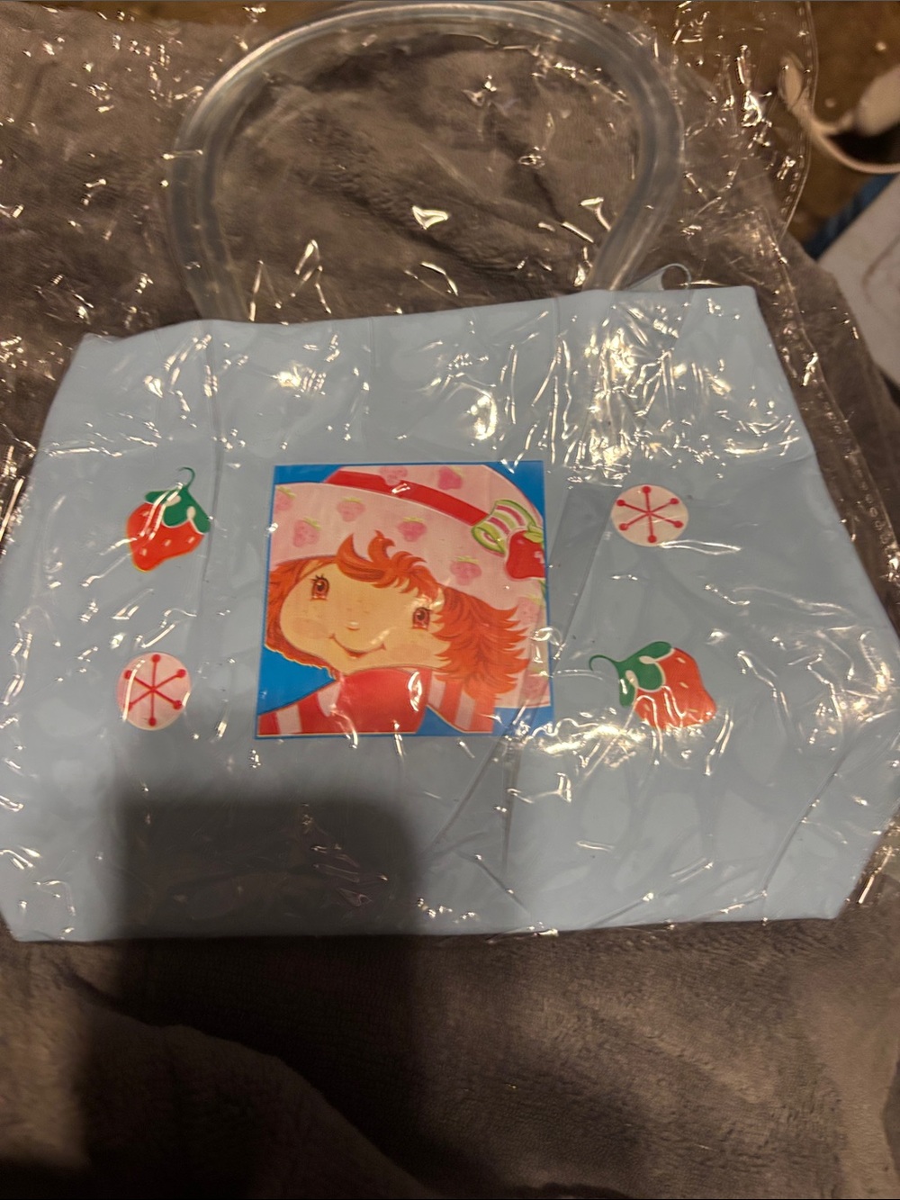 Kids Light Blue Character Tote Bag with Strawberry Design